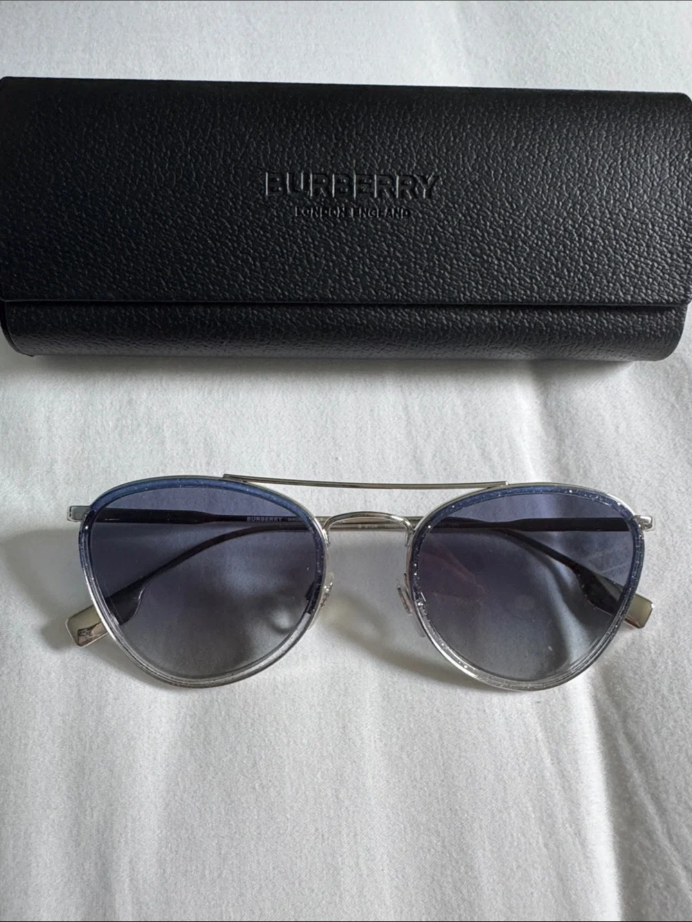 Burberry Silver Frame Sunglasses with Blue Gradient Lenses